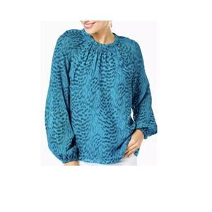 Lilly Pulitzer SIZE XL Caline Silk Top - Teal Bay Silk Swirl Clip